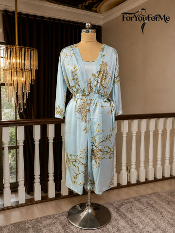 11003-Black Floral Satin Nightwear Robe Set for Women