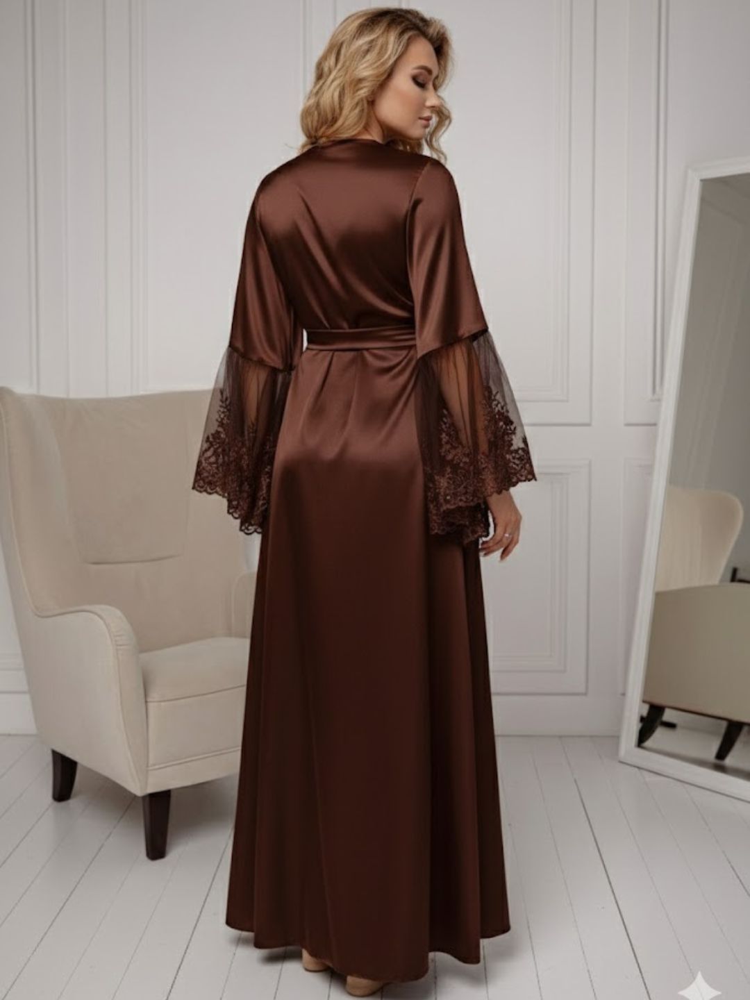11028-Black Elegant Lace Trim Bridal Robe with Flared Sleeves