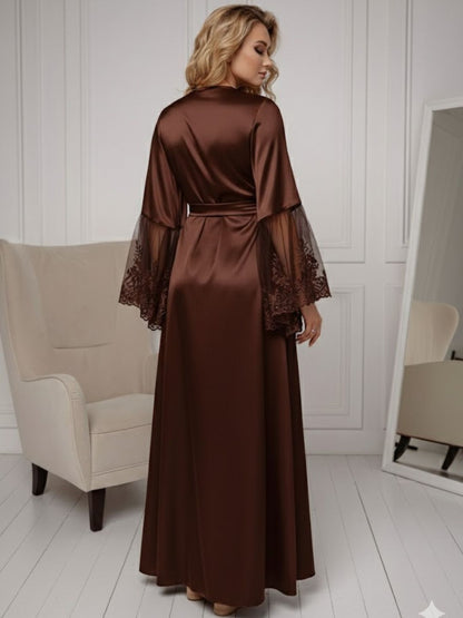 11028-Black Elegant Lace Trim Bridal Robe with Flared Sleeves