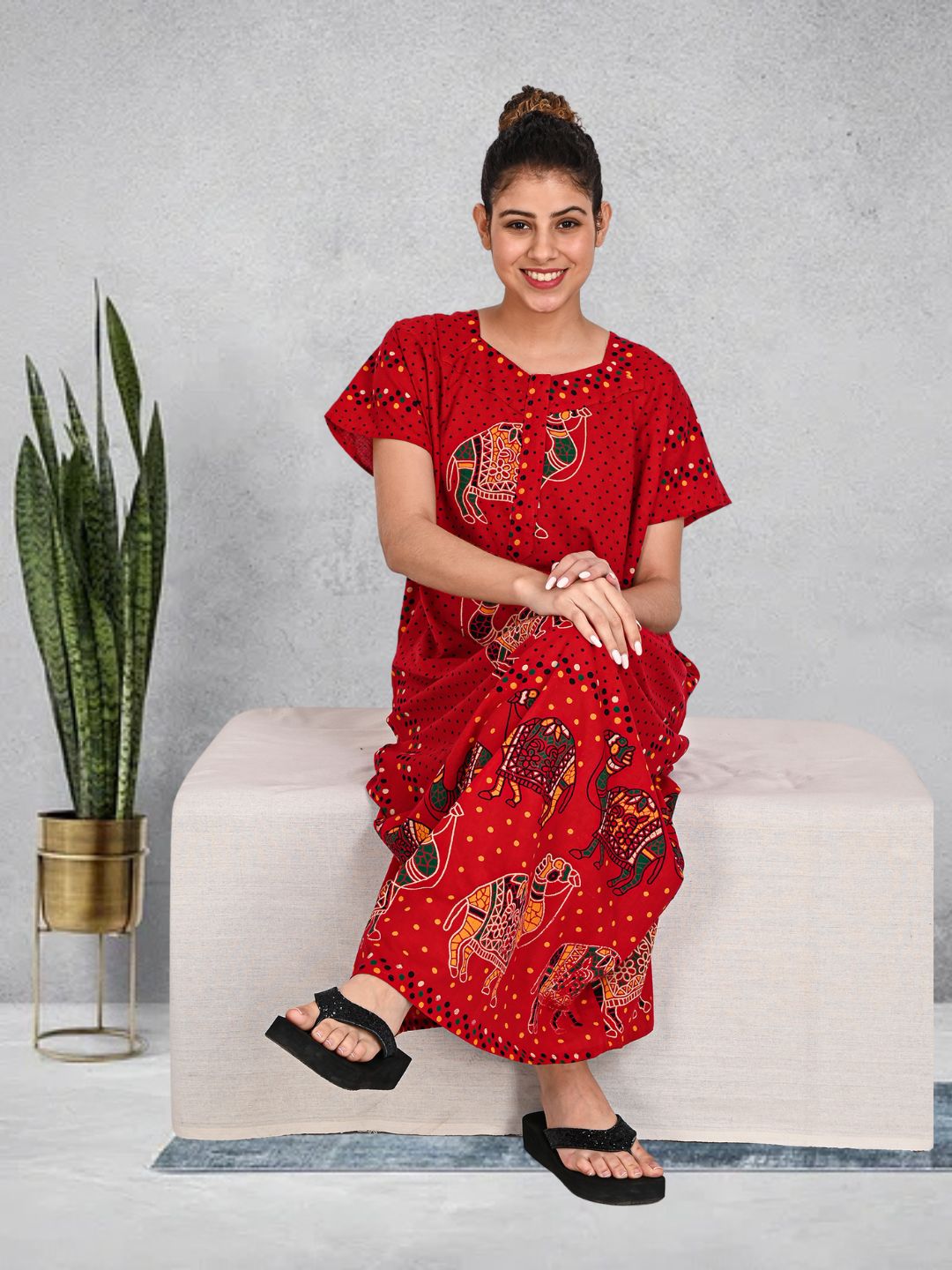 1450-Women's Pure Cotton Blended Printed Maxi Dress for Daily & Night Wear Floral Nighty