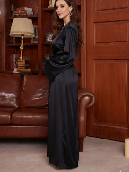 11035 - Women Luxe Black Satin Dressing Gown with Feather Sleeves