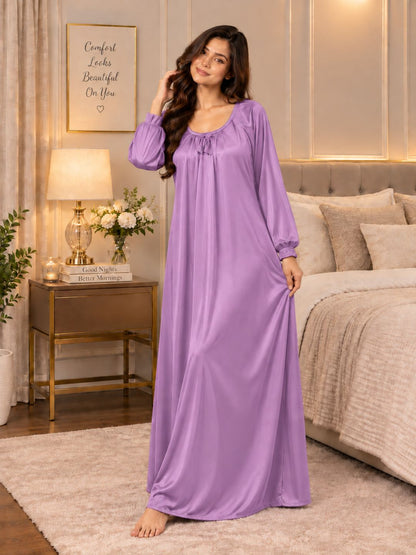 11065-Women Solid Satin Full-Length Night Dress.