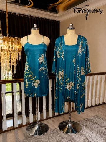 11003-Black Floral Satin Nightwear Robe Set for Women