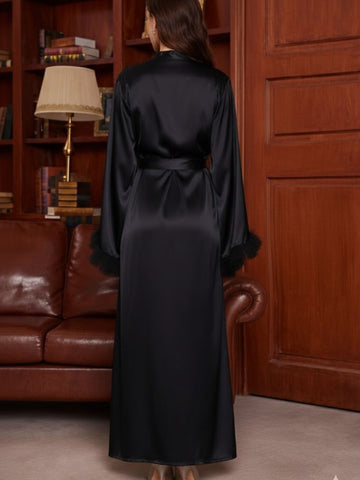 11035 - Women Luxe Black Satin Dressing Gown with Feather Sleeves