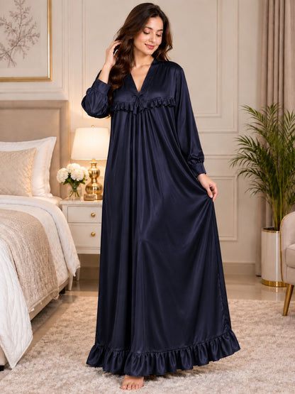 11064-Satin V-Neck Ruffled Maxi Nightdress