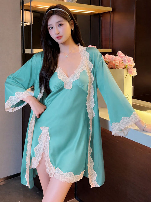204 - Women Satin Chemise with Lace Trim & Shrug