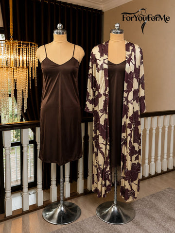 11020- Women Brown Satin Slip Dress with Floral Print Long Robe Nightwear Set
