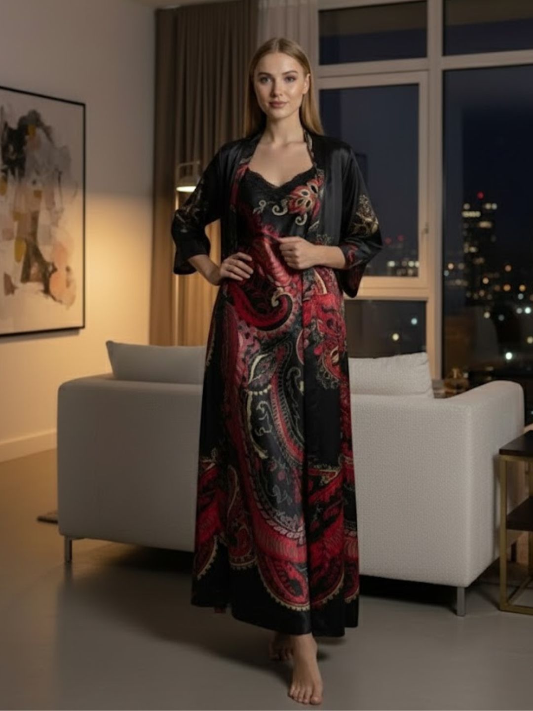 980 - Women Black & Red Paisley Printed Satin Nightdress with Long Robe
