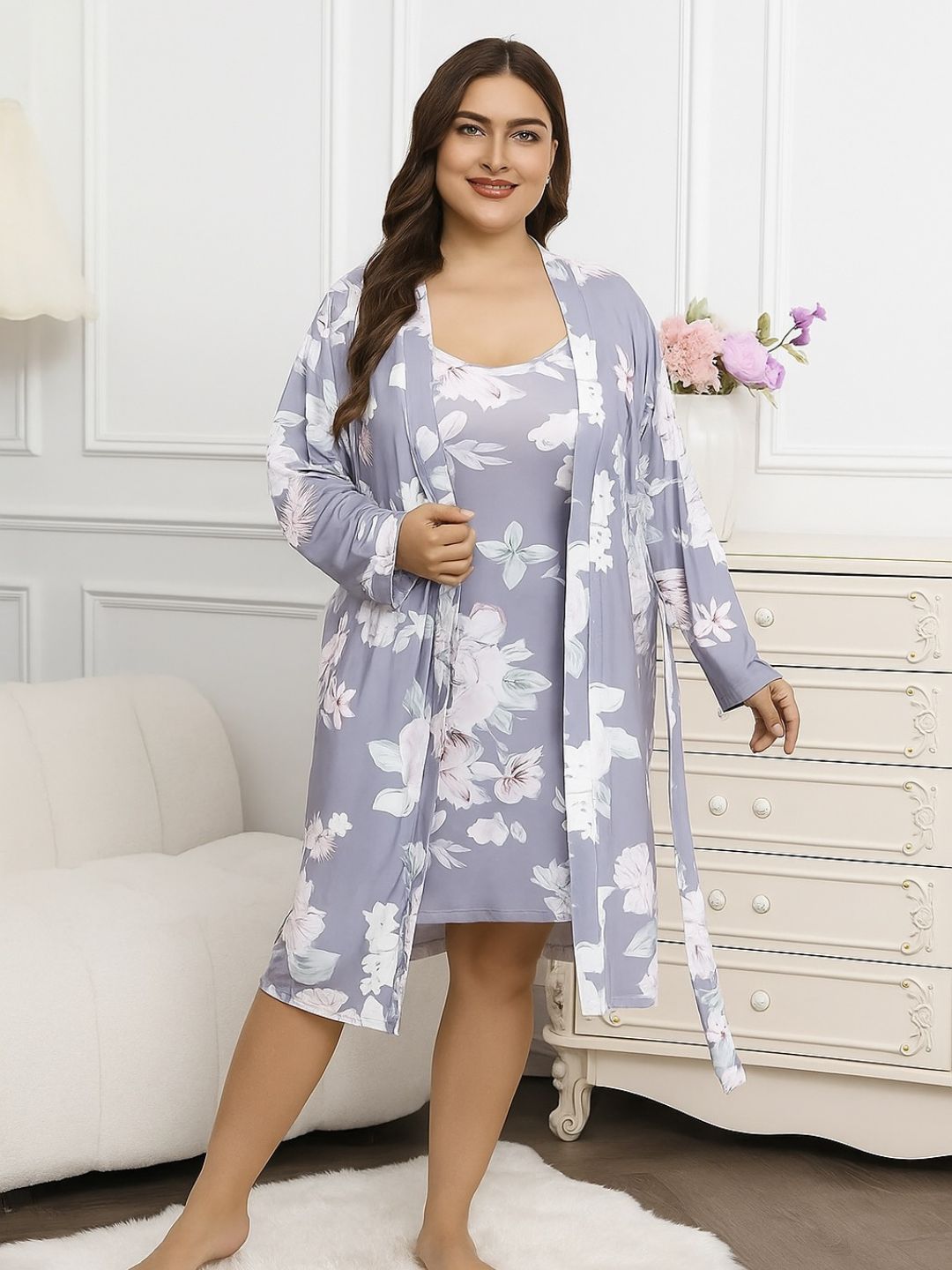 11005-Lavender Floral Satin Nightwear Robe Set for Women – Comfortable & Elegant Sleepwear