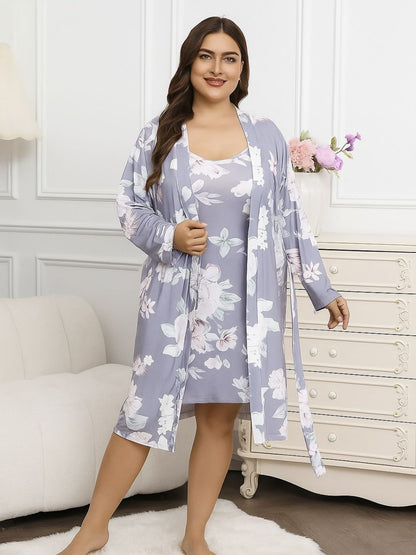 11005-Lavender Floral Satin Nightwear Robe Set for Women – Comfortable & Elegant Sleepwear
