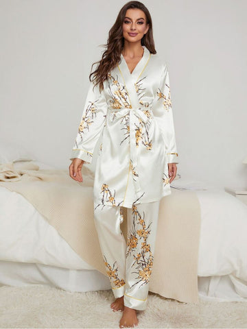 11009-YELLOW Women’s Satin Floral Pajama Set with Matching Robe – Luxury Sleepwear Loungewear Set