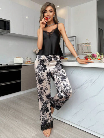 11025- Women Black Satin Lace Detail Camisole & Floral Print Lounge Pyjama Set