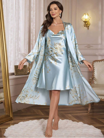 11003-Black Floral Satin Nightwear Robe Set for Women – Elegant Night Dress & Sleepwear