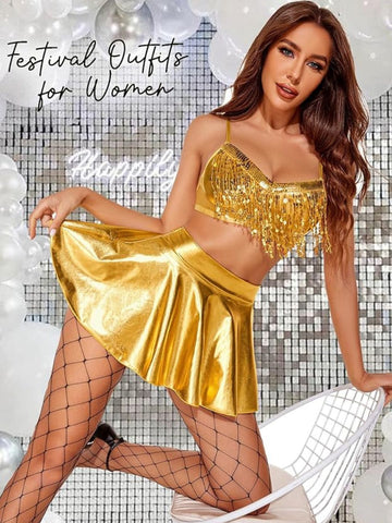 156 - Women Gold Embellished Sequinned Fringe Party Wear Crop Top & Mini Skirt 2-Piece Nightwear Set