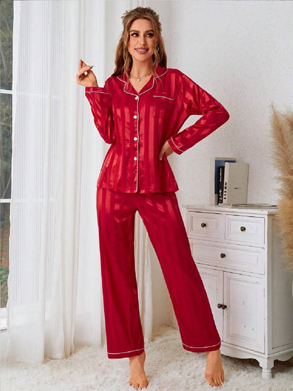 11013-Women Red Satin Finish Shirt & Pyjama Night Suit Set