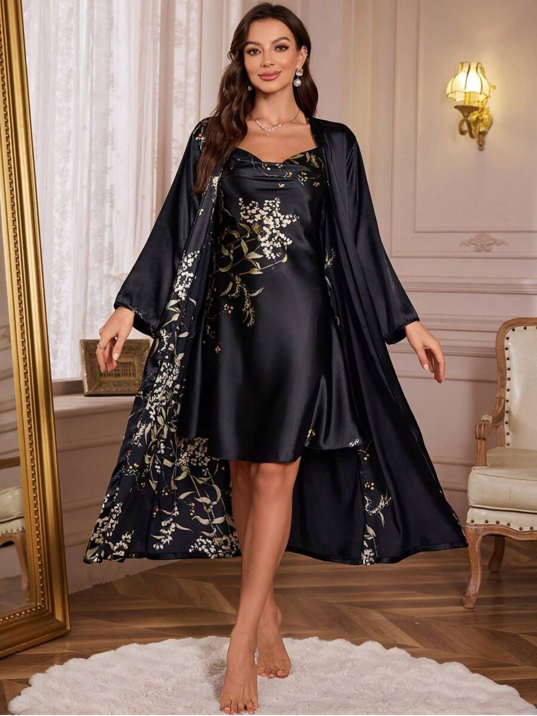 11003-Green Floral Satin Nightwear Robe Set for Women – Elegant Night Dress & Sleepwear