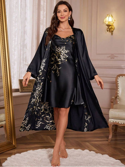 11003-Green Floral Satin Nightwear Robe Set for Women – Elegant Night Dress & Sleepwear