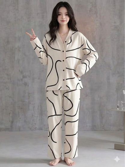 11034-Women Black Abstract Printed Shirt Collar Night Suit Set