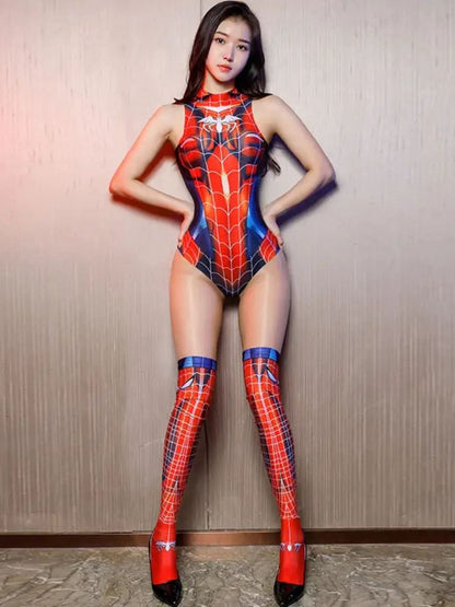 143-Women's Spider-Inspired Printed Bodysuit with Matching Stockings