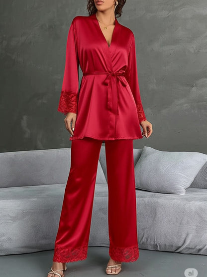 11002-Maroon Satin Nightwear Set with Lace Trim | Luxury Sleepwear For Women
