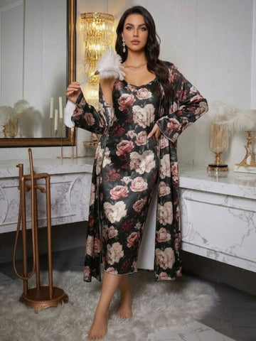 11051-Womens Black Floral Printed Nightdress with Robe