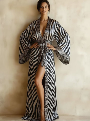 11027-Women’s Black & White Zebra Print Long Night Robe