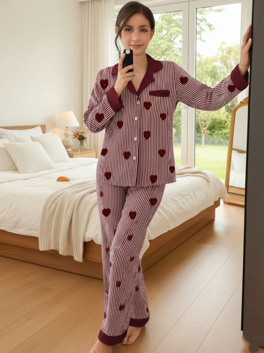 11016-Women Maroon & White Striped Heart Print Comfortable Shirt & Pyjama Nightwear Set