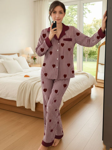 11016-Women Maroon & White Striped Heart Print Comfortable Shirt & Pyjama Nightwear Set