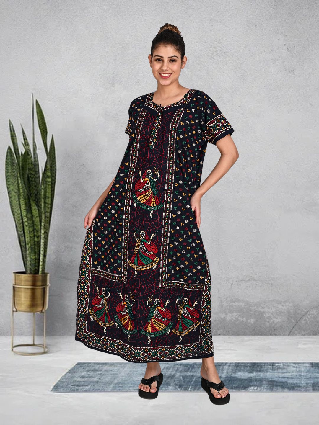 1451-Women's Pure Cotton Blended Printed Maxi Dress for Daily & Night Wear Floral Nighty