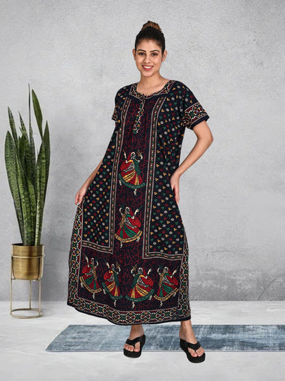 1451-Women's Pure Cotton Blended Printed Maxi Dress for Daily & Night Wear Floral Nighty