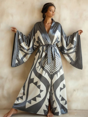 11027 - Women Grey & White Geometric Printed Satin Kimono Style Night Robe