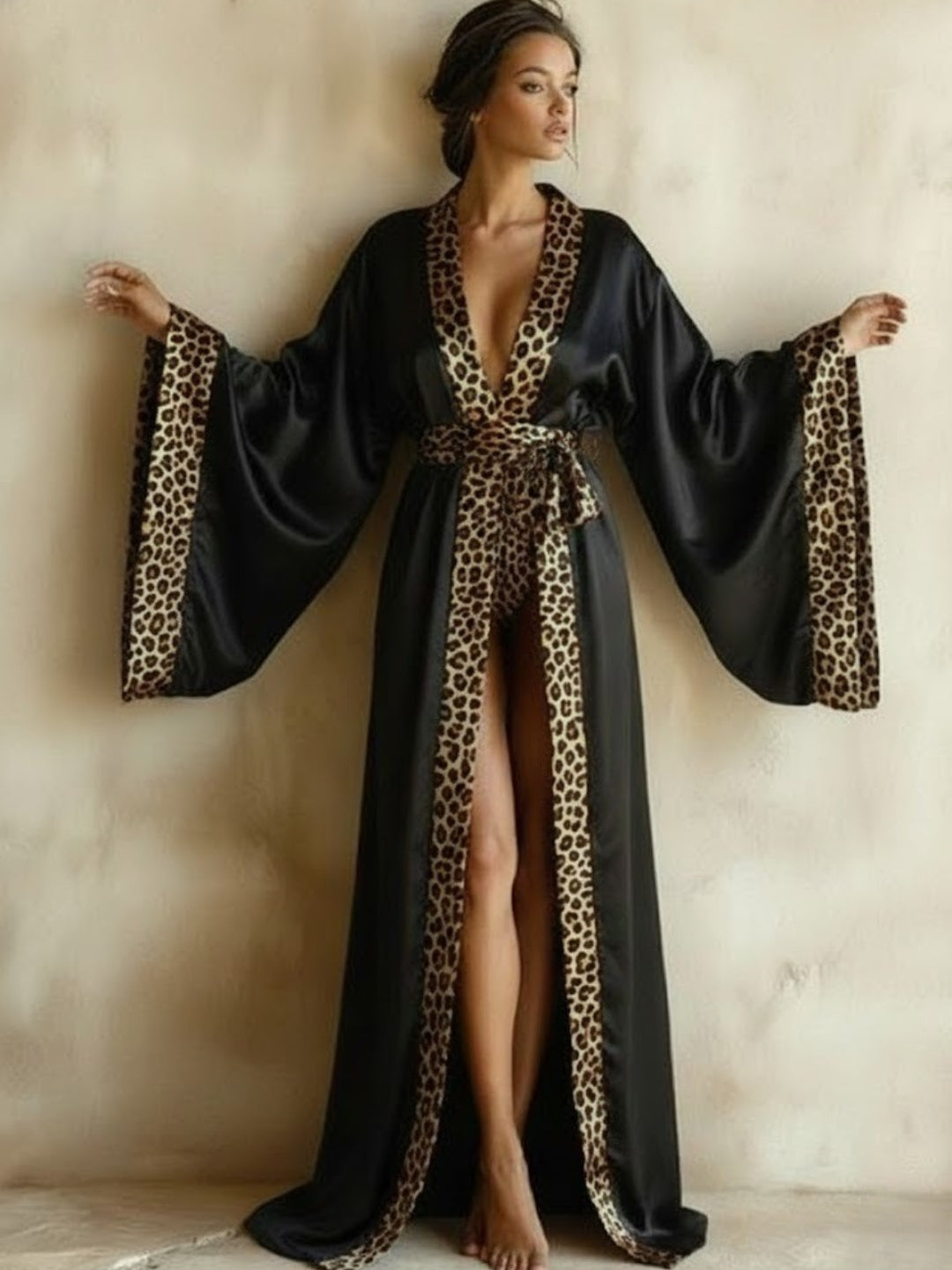 11027 - Women Black Satin Long Night Robe with Leopard Print Trim