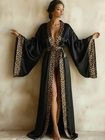 11027 - Women Black Satin Long Night Robe with Leopard Print Trim