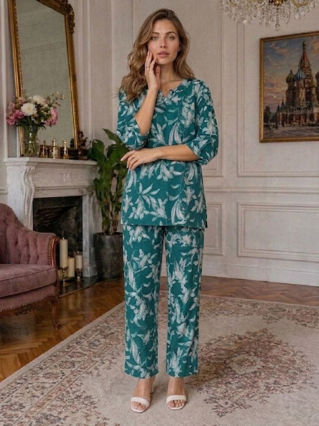 11055-Women White Floral Printed Night Suit Set