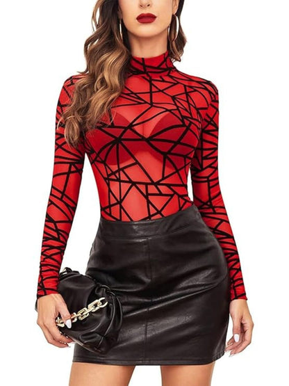 120 Red-Geometric Mesh Long Sleeve Bodysuit