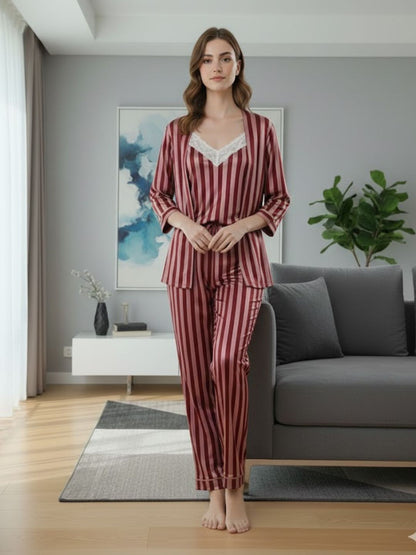 11011-BLACK Women’s Satin 3 Piece Nightwear Set – Striped Camisole, Robe & Pyjama