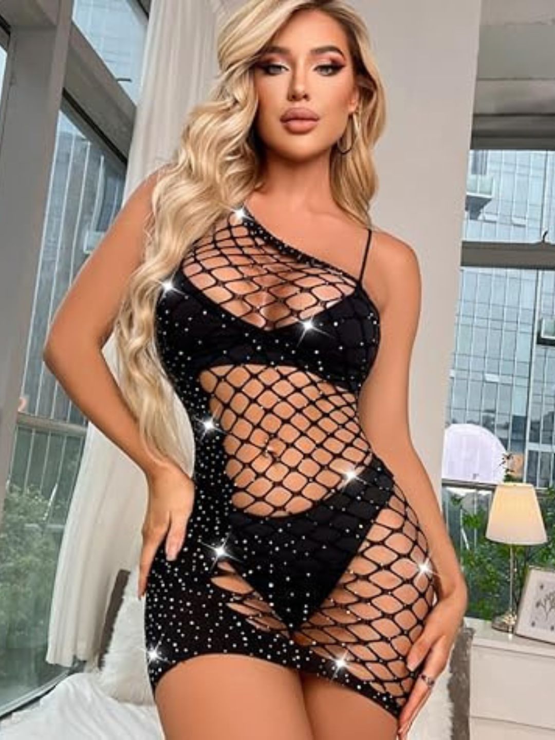 8006 - Black Fishnet One-Shoulder Cut-Out Lingerie Dress