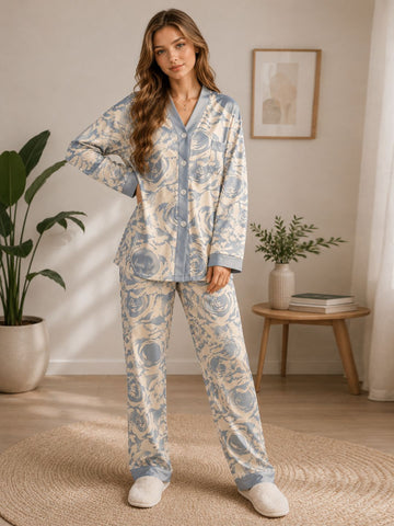 11052- Women Printed Satin Night Suit Set