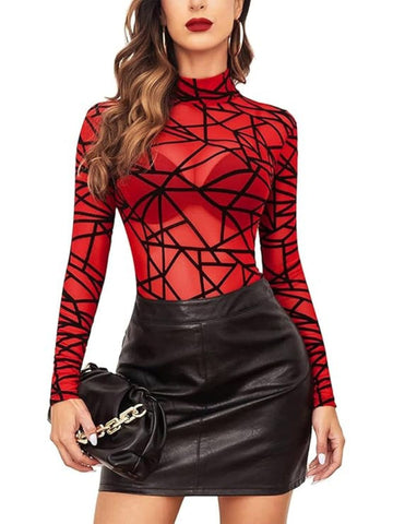 120 Red-Geometric Mesh Long Sleeve Bodysuit