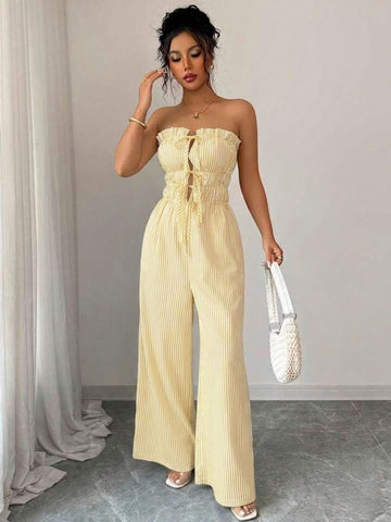11038 - Women yellow & White Striped Cotton Night Suit