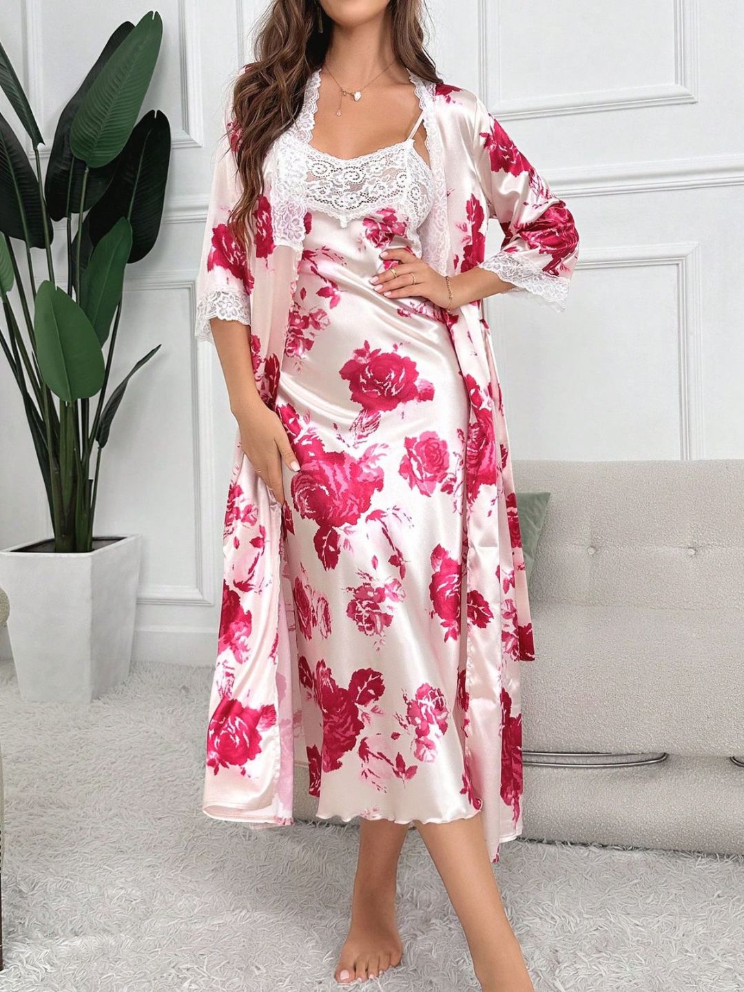 11031-Women Blush Pink Floral Satin Nightwear Set with Lace Trim Robe