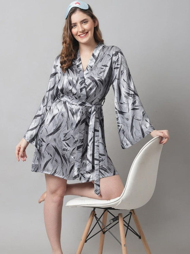 88-Elegant Grey Satin Leaf-Print Short Robe