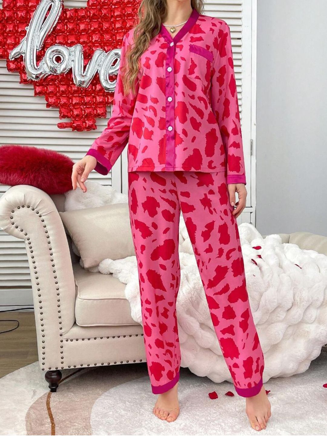 11026 - Women Pink & Red Animal Print Button-Down Night Suit