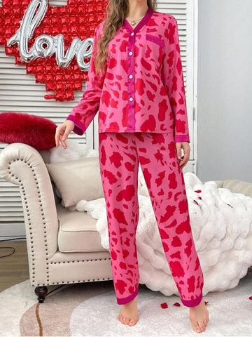 11026 - Women Pink & Red Animal Print Button-Down Night Suit
