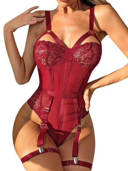 71 Maroon-Strappy Sheer Lace Garter Bodysuit