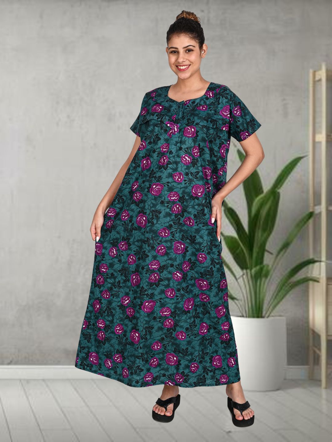 1500-Women's Pure Cotton Blended Printed Maxi Dress for Daily & Night Wear Floral Nighty