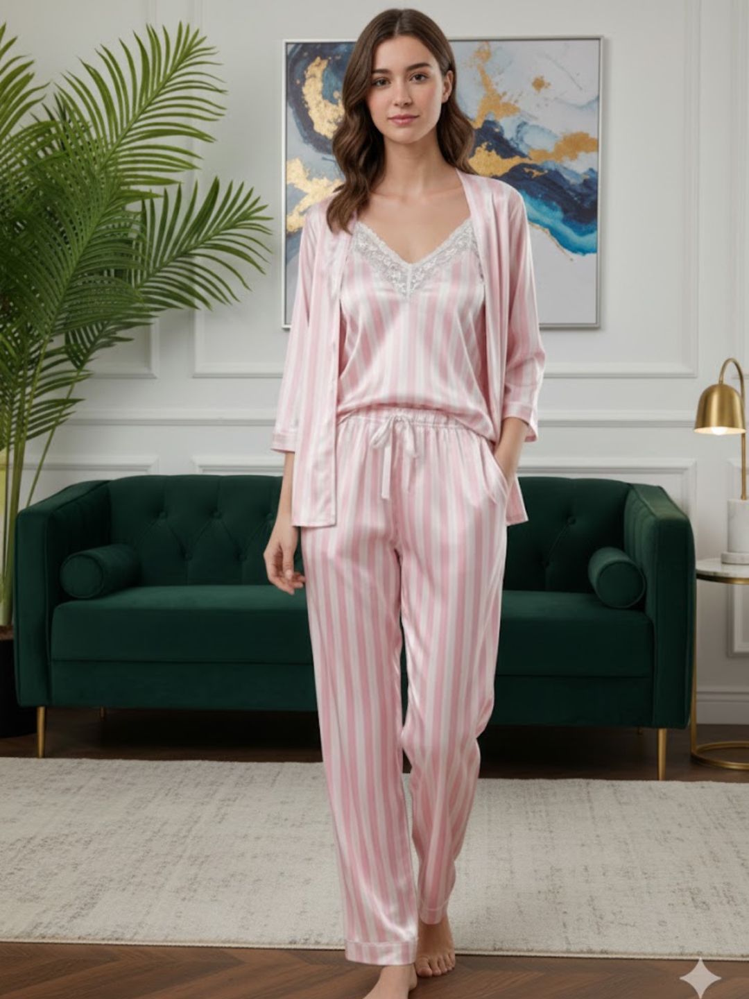 11011-MAROON Women’s Satin 3 Piece Nightwear Set – Striped Camisole, Robe & Pyjama