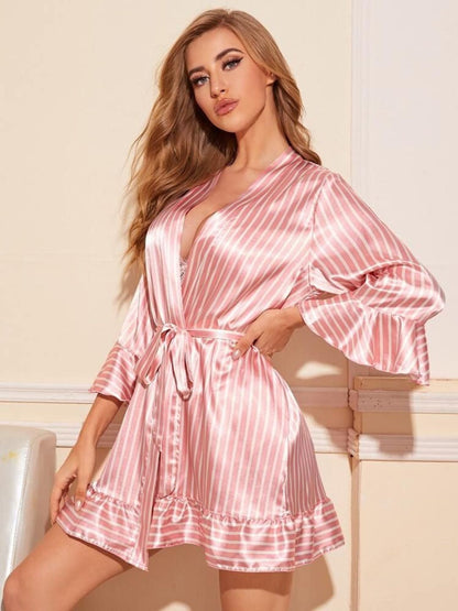 11046-Women Pink Striped Satin Tie-Up Short Robe