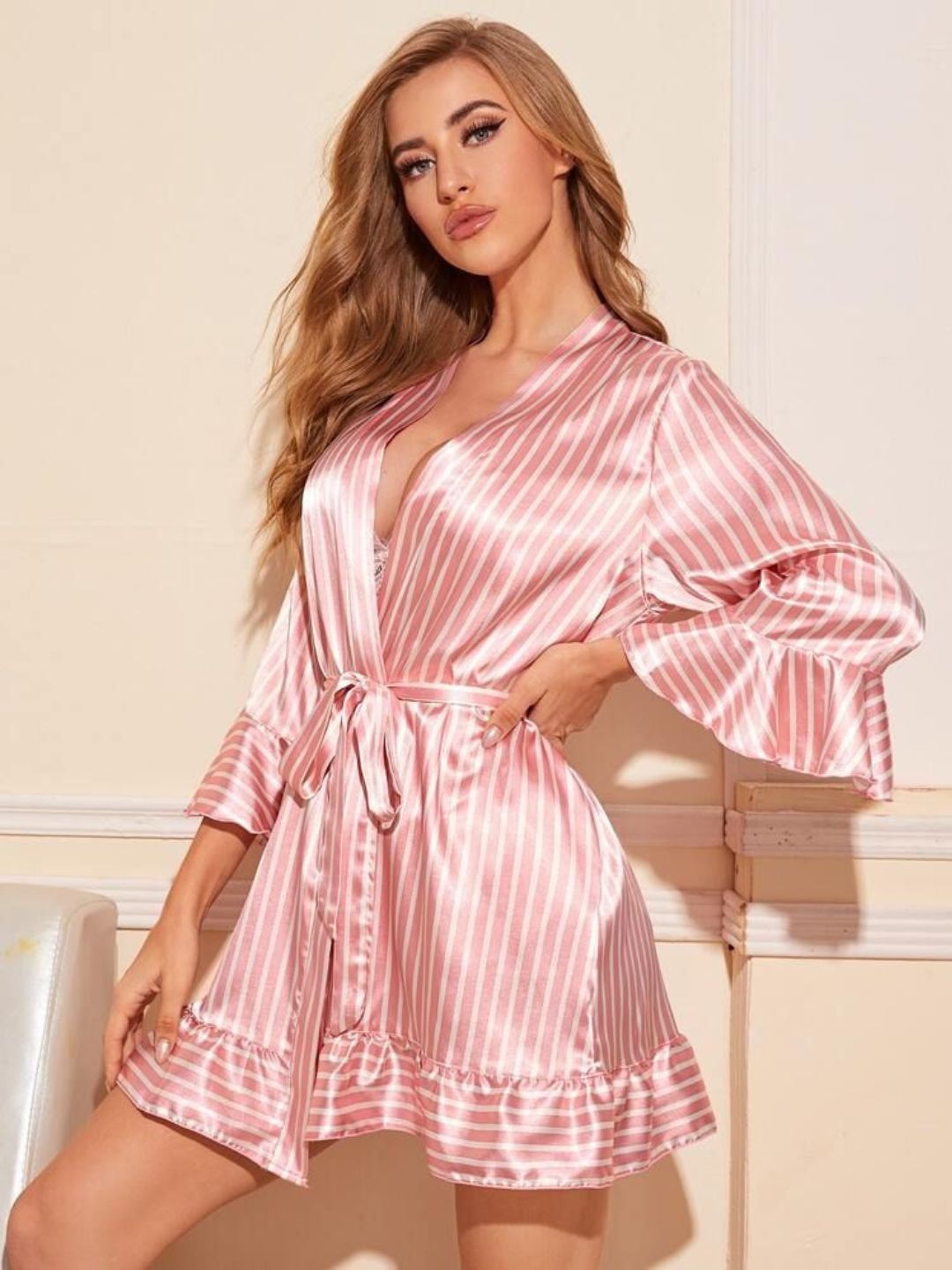 11046-Women Pink Striped Satin Tie-Up Short Robe