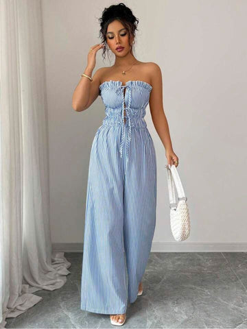 11038 - Women sky blue & White Striped Cotton Night Suit